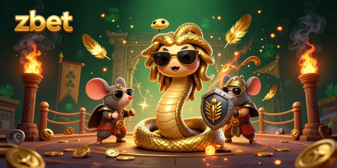 Engage with zbet's exciting rewards in this vibrant casino illustration featuring Medusa and a warrior mouse.
