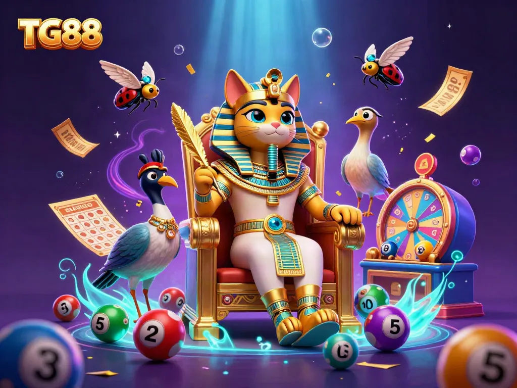 Engage with TG88's breathtaking casino experience as a pharaoh cat rules the vibrant gaming scene.