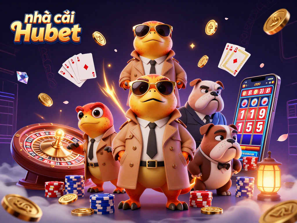Nhà cái Hubet showcases raptors in disguise entering a casino lounge while coins and gems fly around.