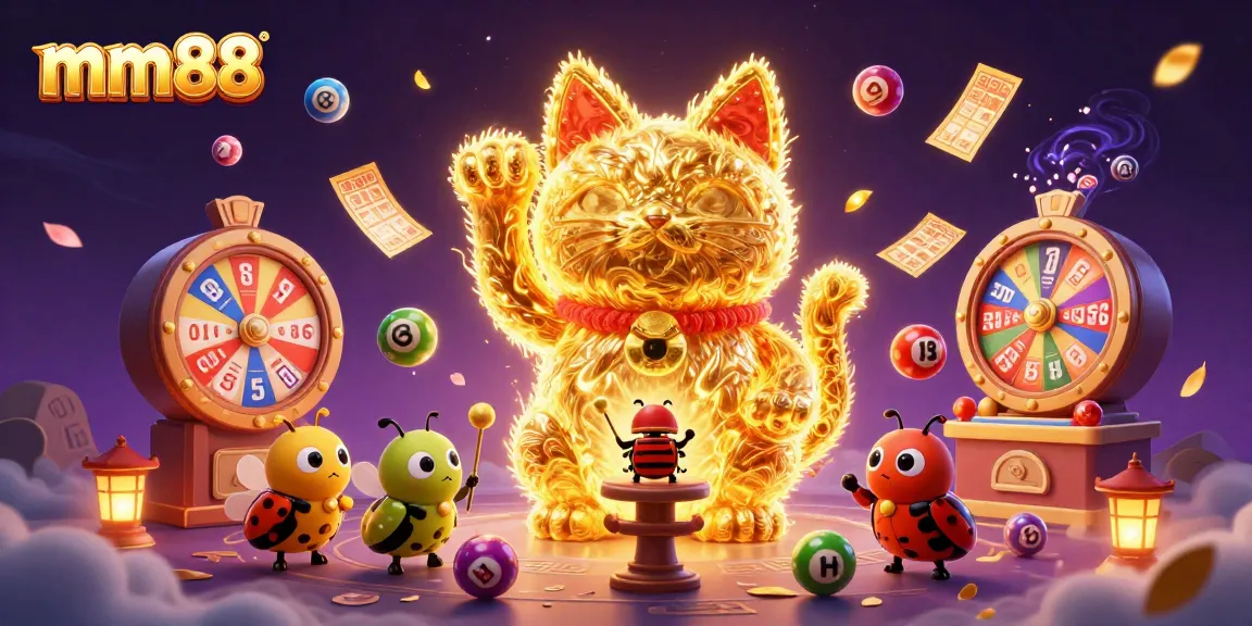Experience the magic of mm88 with a vibrant illustration of a golden lucky cat surrounded by casino elements.