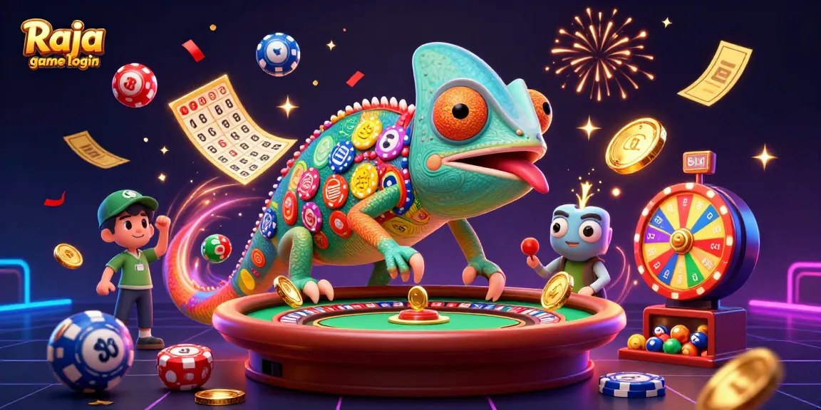 Engage with Raja game login in a vibrant casino scene featuring a colorful chameleon and dynamic lottery elements.