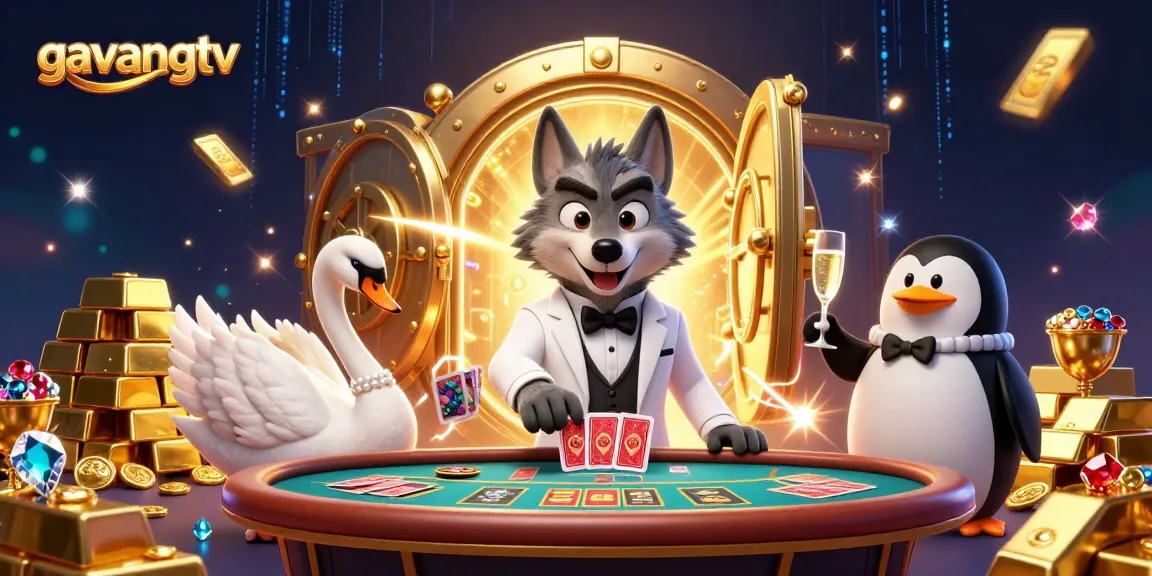 Join the excitement with gavangtv as a debonair wolf and friends deal winning hands at a baccarat table.