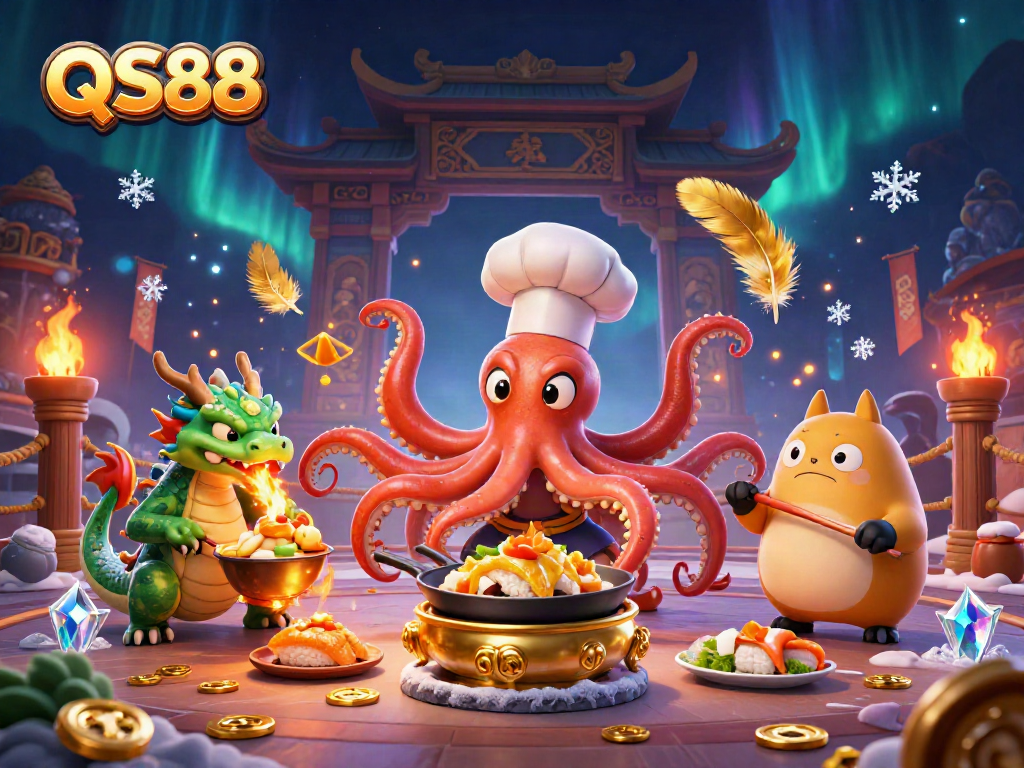 QS88 engages in thrilling gameplay amidst a vibrant, dynamic casino scene filled with excitement.
