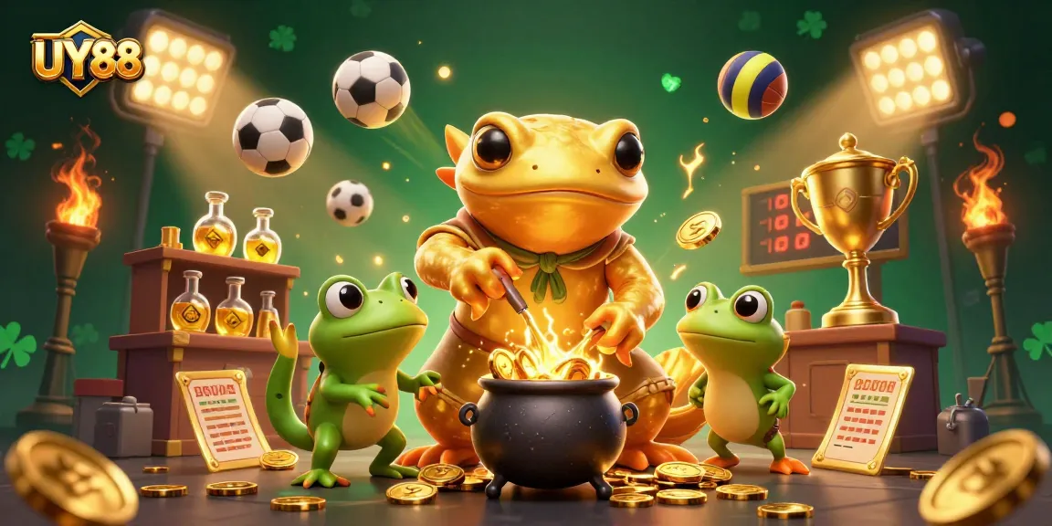 Experience UY88's thrilling adventure with golden elements and sports excitement in this captivating illustration.