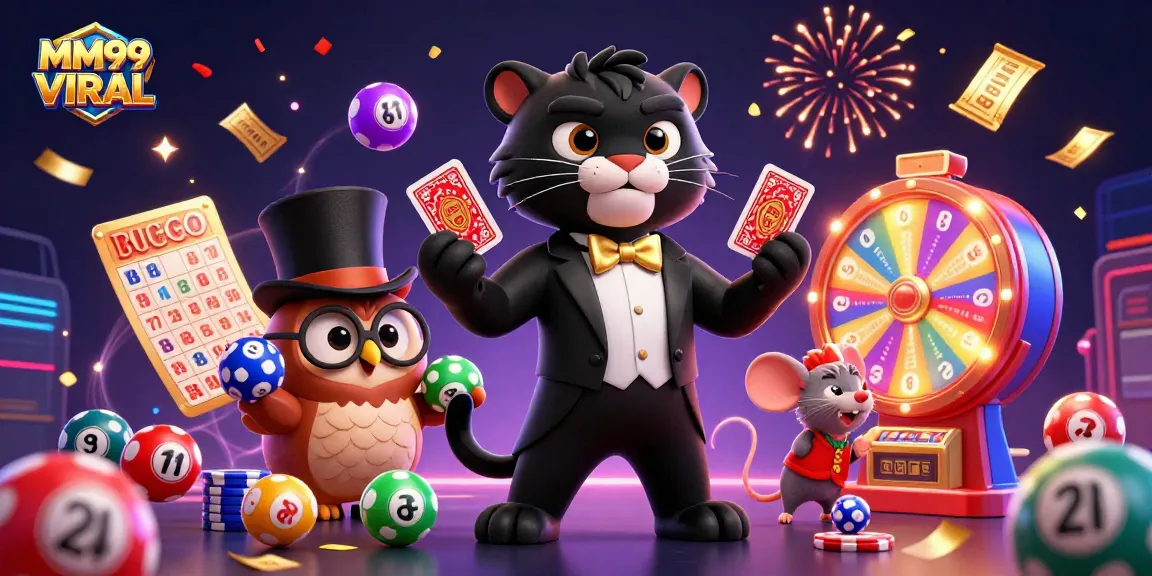Experience excitement at MM99 VIRAL with a dynamic lottery scene featuring a panther dealer, an owl, and chips.