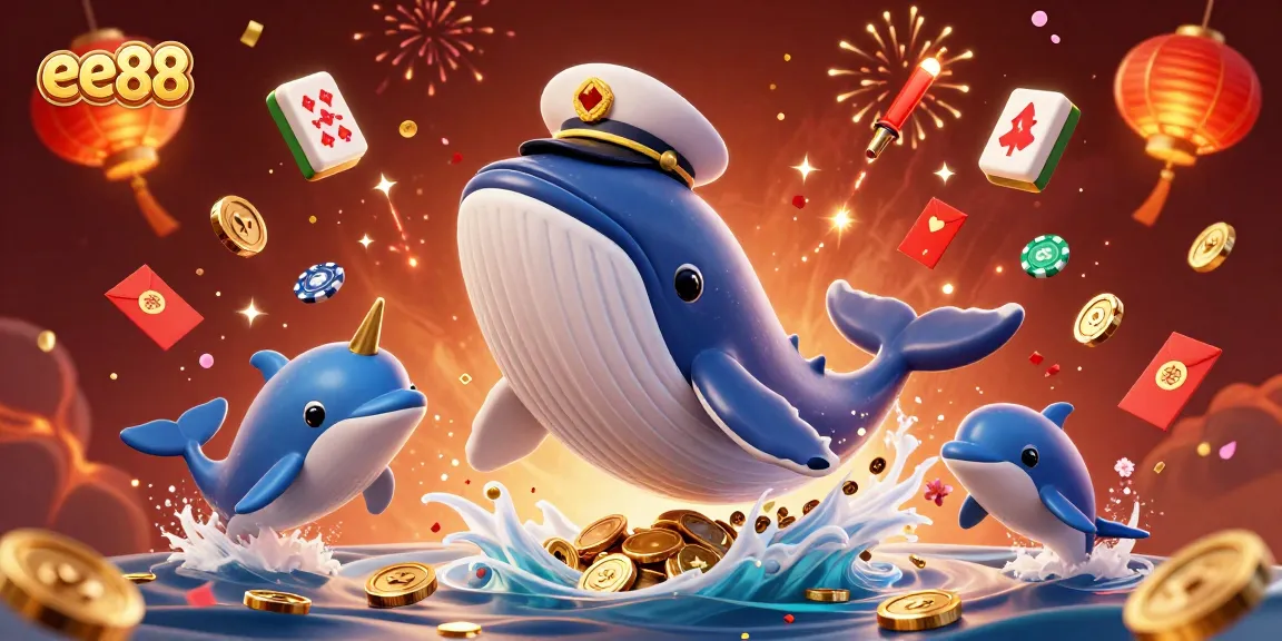 Engage with the vibrant excitement of ee88 casino, featuring a captivating whale and playful dolphins amidst a sea of coins.