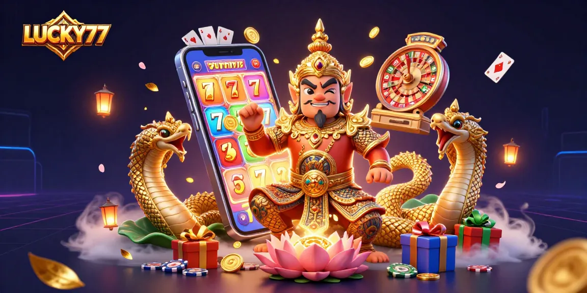 LUCKY77 facilitates thrilling experiences with a vibrant illustration of a casino scene filled with action.
