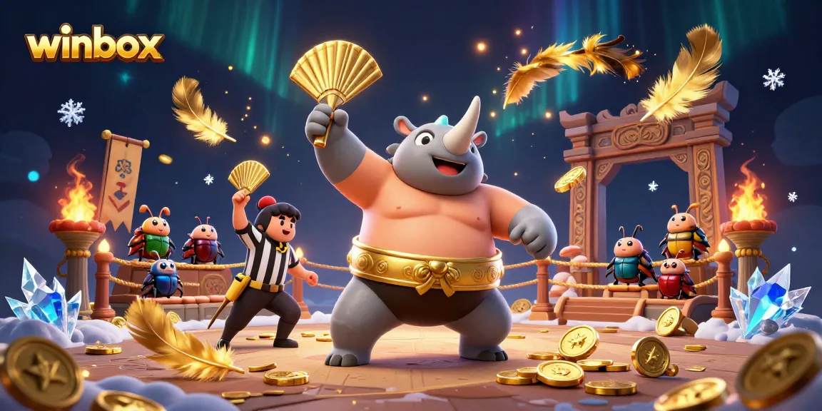 Winbox featuring a captivating rhinoceros beetle champion amid flying coins and dynamic gaming elements.