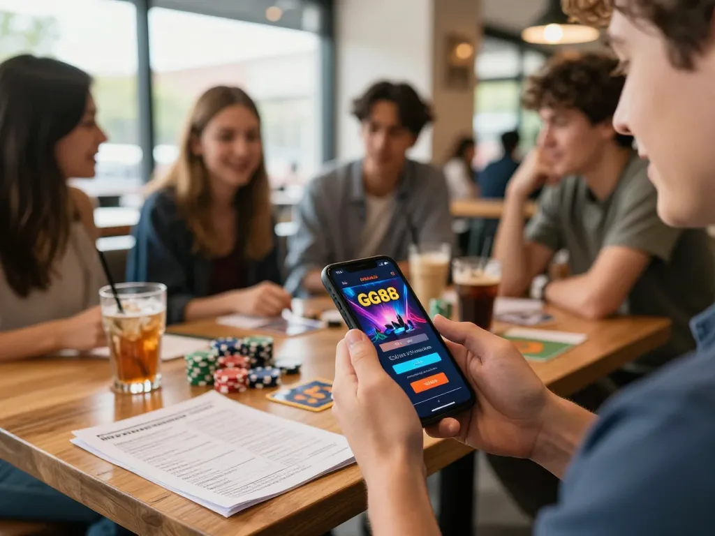 Quickly login to GG88 using your smartphone at a vibrant coffee shop, enjoying the social atmosphere
