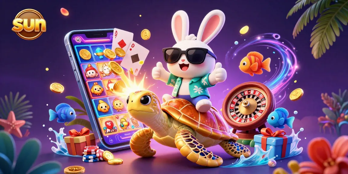Catch the sun with this vibrant casino scene featuring a lucky rabbit and a golden turtle.