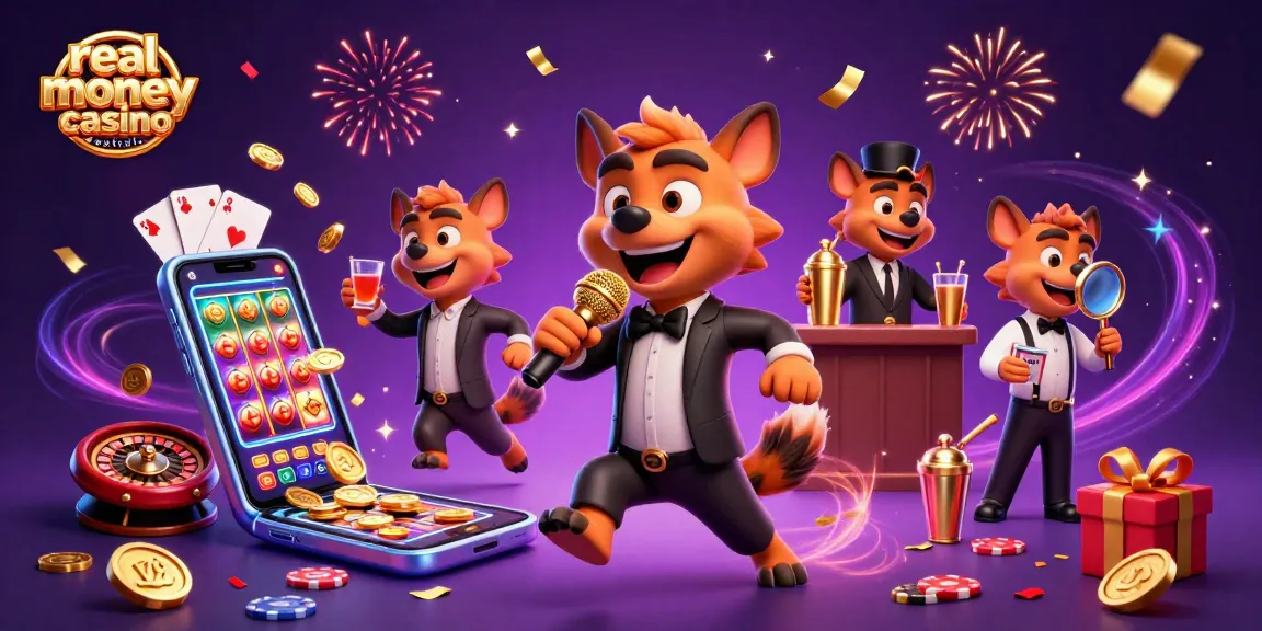 Experience a lively scene at a real money casino Australia as hyenas entertain while mixing drinks and checking IDs.