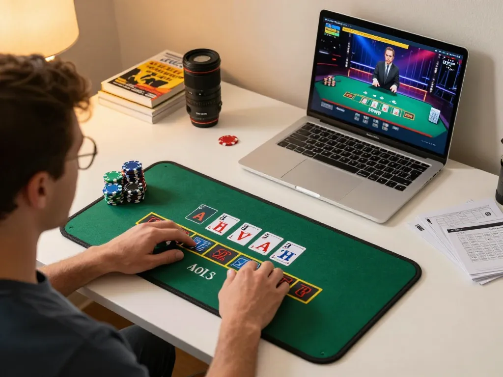 Player engaging in blackjack gameplay on vin88lk tablet, illustrating responsible gambling and strategic decision-making.