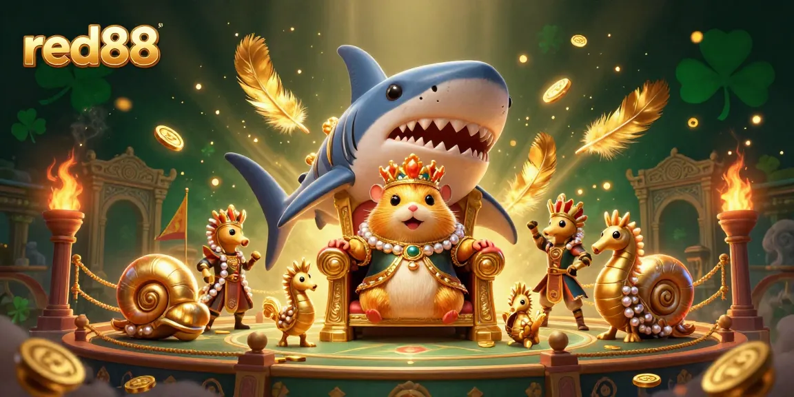 Engage with red88's dynamic casino scene featuring a golden hamster king and vibrant game elements.