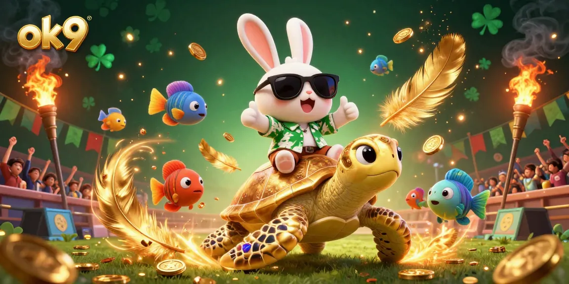 Experience thrilling betting at ok9 with a lucky rabbit riding a golden turtle and vibrant casino elements.