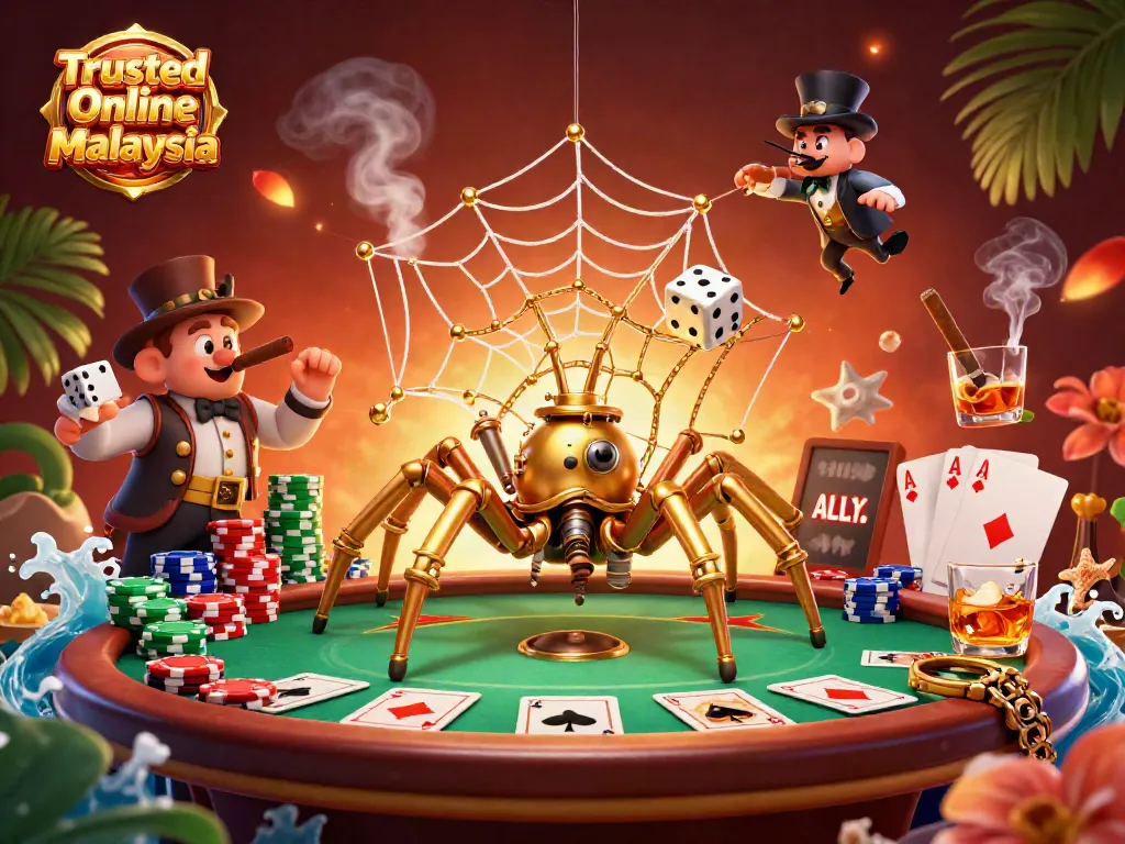 Capture the excitement at Trusted Online Casino Malaysia with a dynamic 3D steampunk illustration showcasing poker elements.