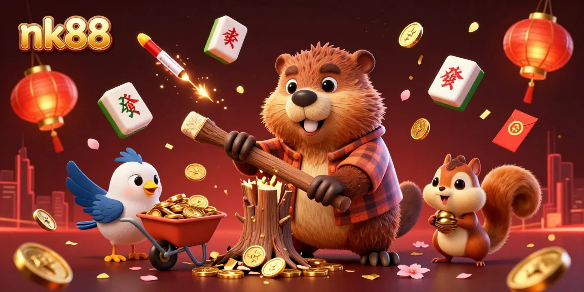 Engage in fun gameplay at nk88 with cartoon beaver collecting coins in a casino-themed illustration.