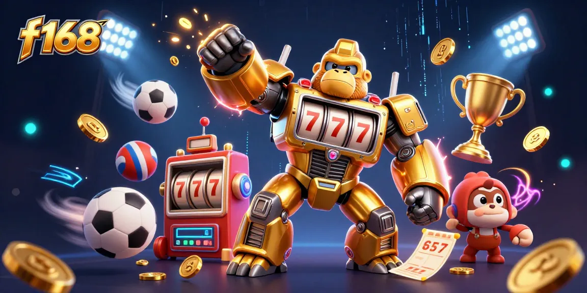 Experience thrilling gaming with f168 as a golden gorilla mech launches coins amidst dynamic sports action