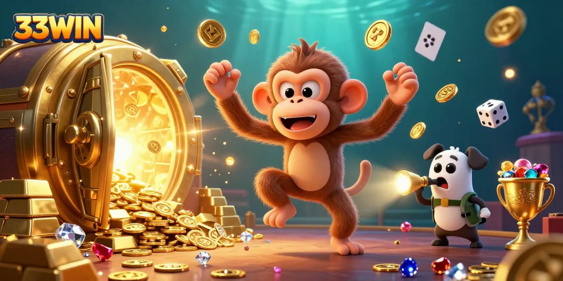 Engage with 33WIN's enchanting casino scene where a mischievous monkey juggles winnings alongside a curious ghost-hunter puppy.