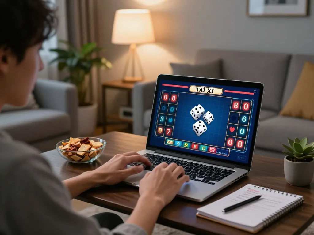 Tài Xỉu Online gameplay on laptop, strategic betting excitement in a cozy home setting.