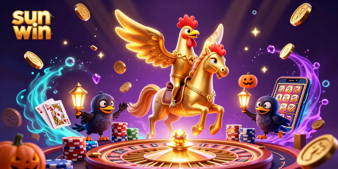 Spin the wheel and win at sun win with a glowing 3D golden rooster in a vibrant casino.