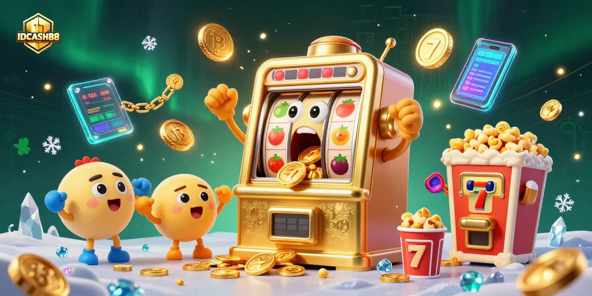 IDCASH88 reels spin wildly as slot machines celebrate a major jackpot in a vibrant casino scene.