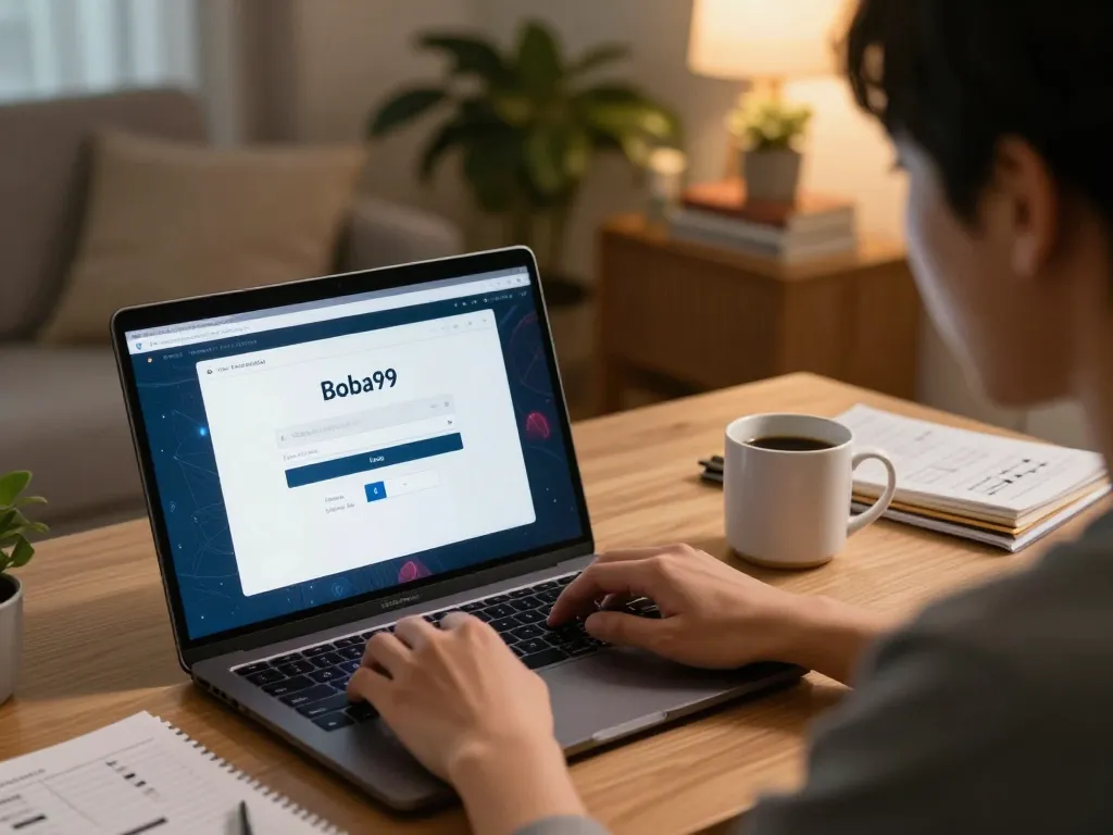 Antarmuka Login Boba99 di laptop menunjukkan permainan online, lingkungan rumah yang santai.