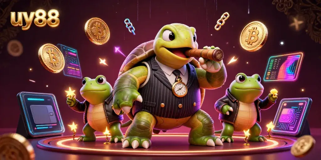 Engage with uy88, a vibrant 3D casino scene featuring cartoon characters and crypto elements.