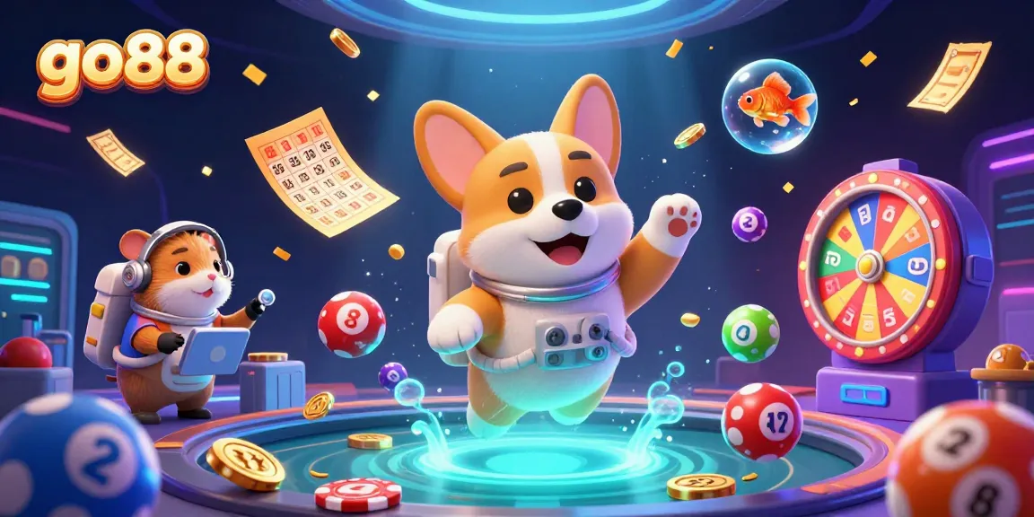 Experience the vibrant go88 casino atmosphere with a floating astronaut corgi amid lottery excitement.