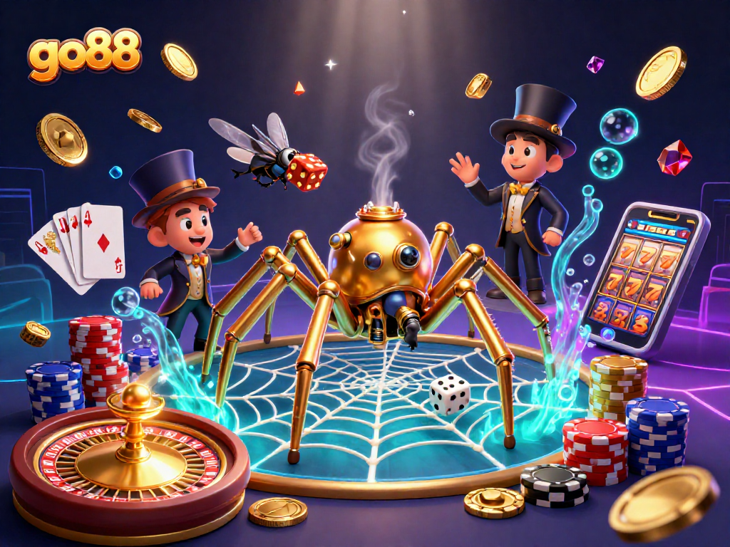 Engage with go88's vibrant casino experience featuring a dynamic steampunk spider and gaming elements.
