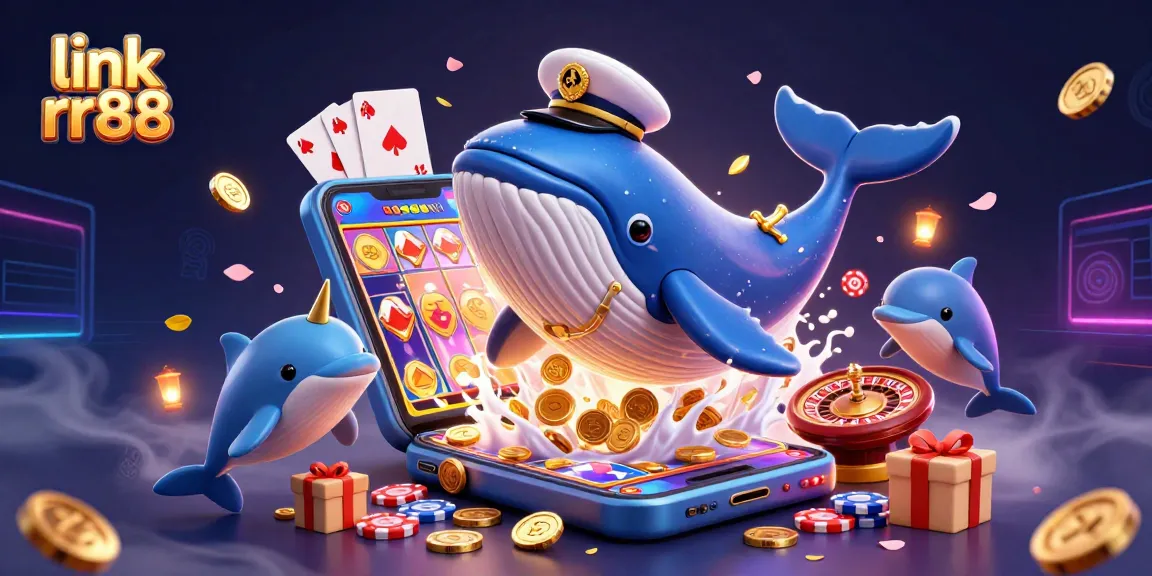 Win big at link rr88 with a vibrant 3D casino scene showing whales, dolphins, and games.