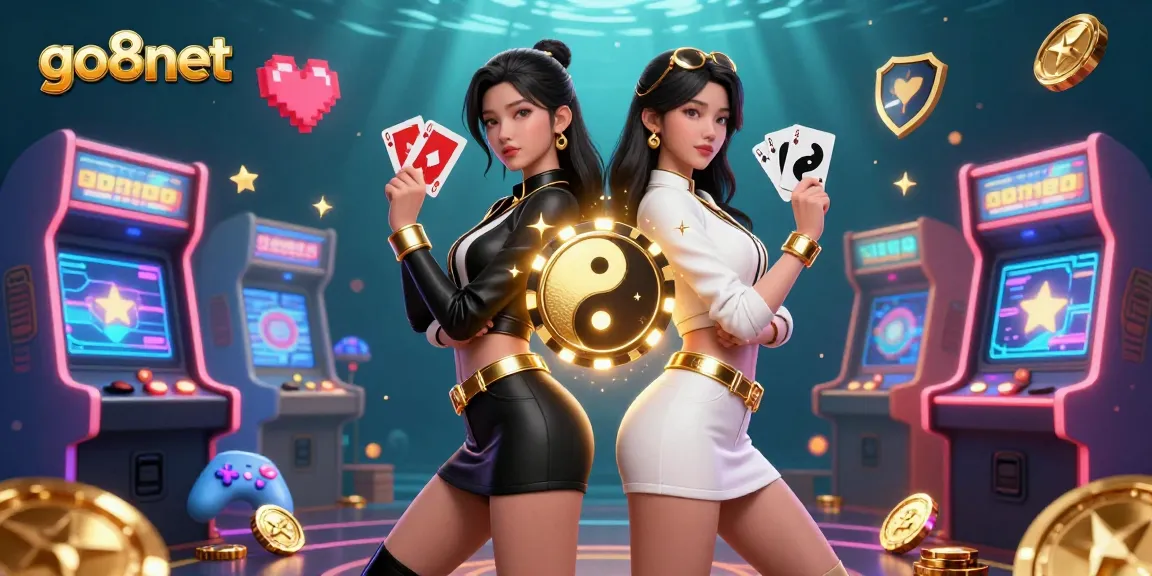 Experience the thrill with go8net featuring stunning twin Asian women in a dynamic casino scene holding playing cards.