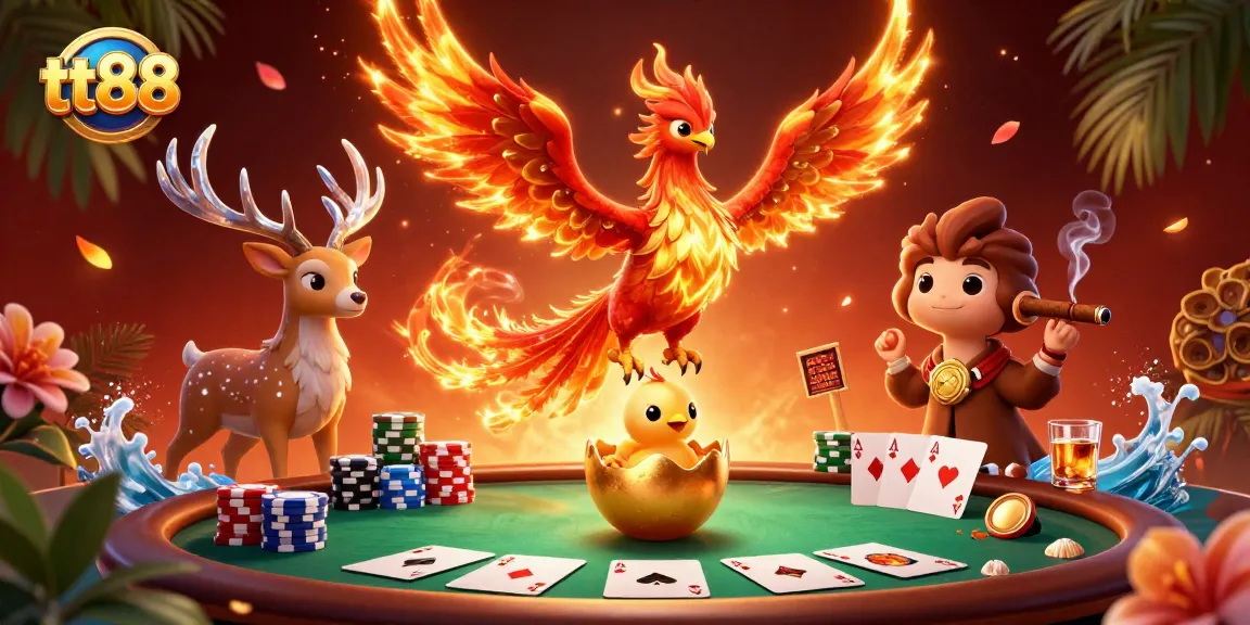 Experience thrilling gameplay at tt88 with a spectacular phoenix scene and poker elements.