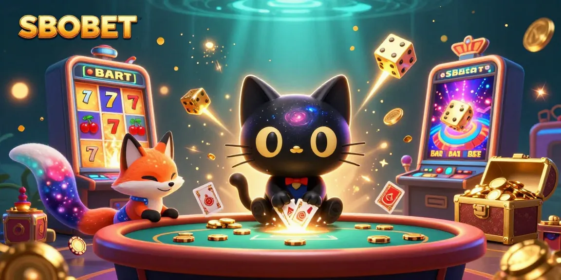 SBOBET's captivating universe depicted with a black hole cat and nebula fox at an enchanting casino scene, highlighting slot games.