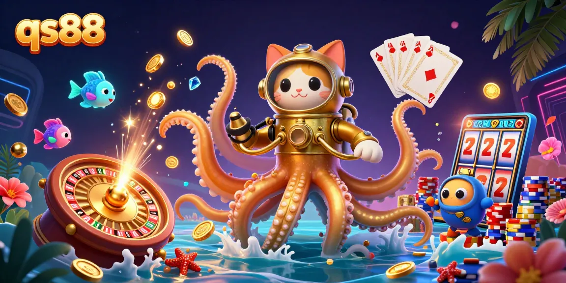 qs88 players enjoy lively gaming with a colossal kraken, diving cat, and sparkling casino elements.