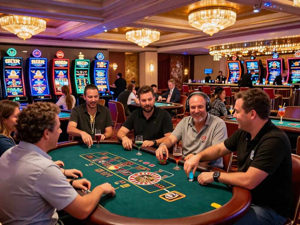 I migliori casino online in un'ambientazione di lusso, giocatori impegnati a roulette e poker, atmosfera vivace.