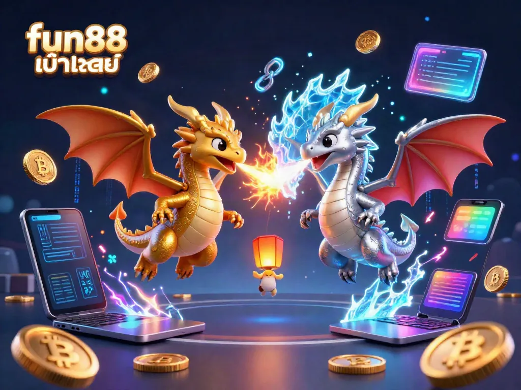 Experience the thrill of fun88 เข้าระบบ with dynamic dragons battling in a vibrant casino scene.