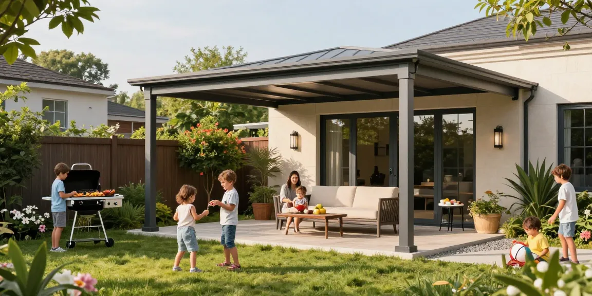 Terrassenüberdachung freistehend im modernen Garten mit Familie, die die Sonne genießt.