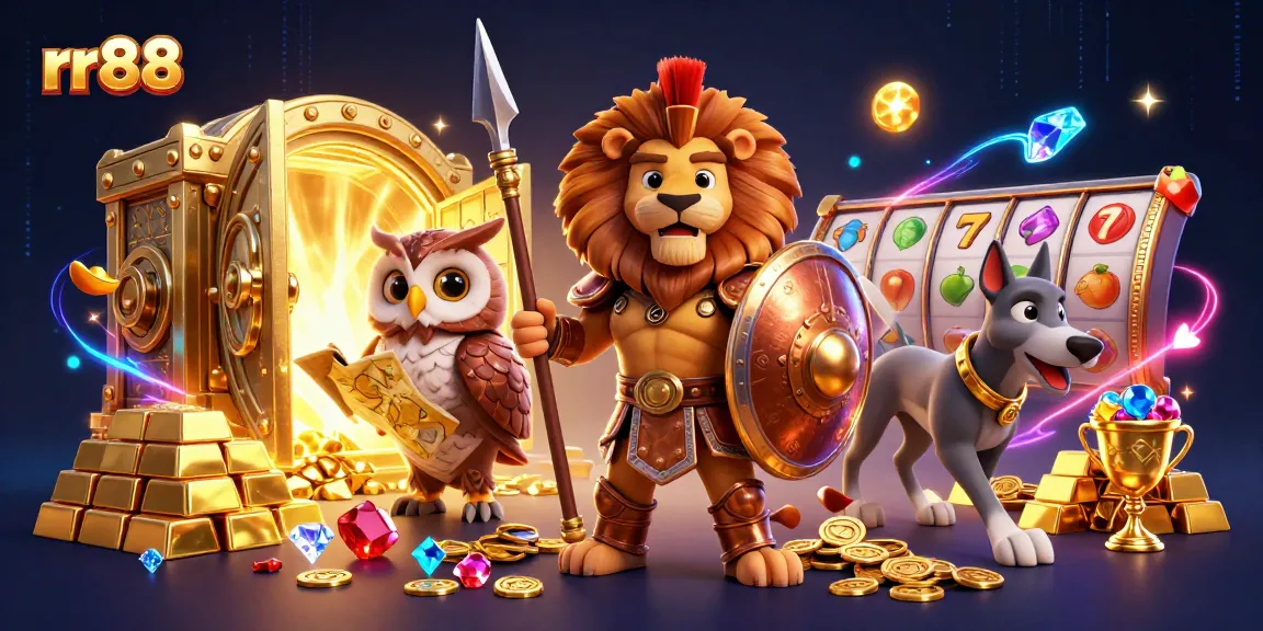 rr88 players experience thrilling wins with 3D cartoon characters in vibrant casino scene.