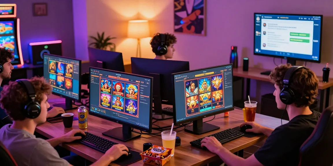 Pengalaman bermain SUPER59 link alternatif dengan pemain yang ceria di ruang gaming modern, dikelilingi mesin slot digital yang menarik.