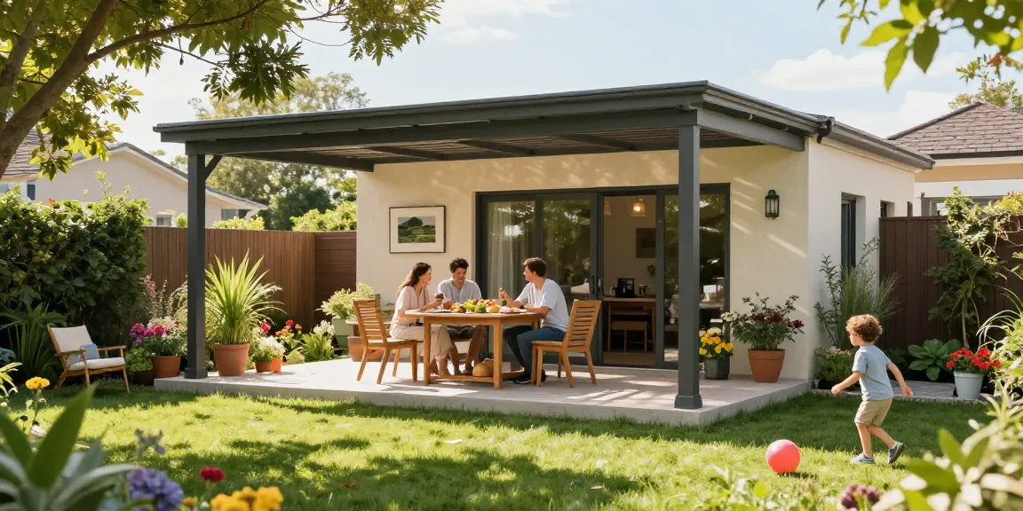 Freistehende Terrassenüberdachung im Garten mit einer Familie, die ein sonniges Mittagessen genießt.