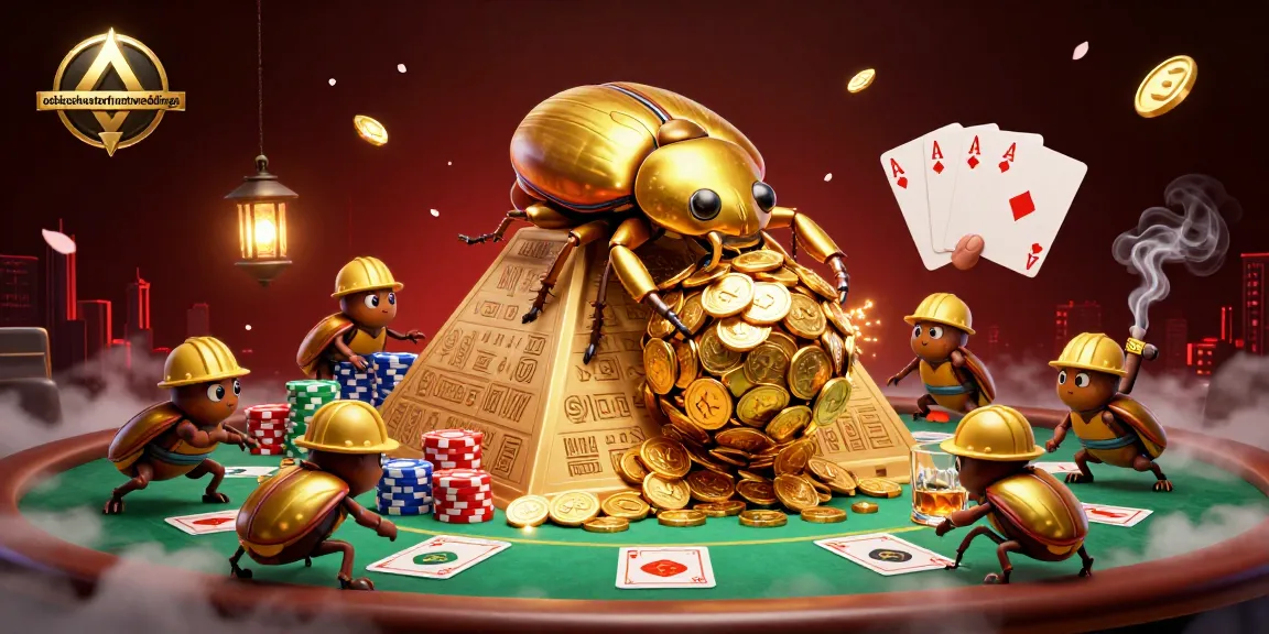 oshkoshwaterfrontweddings attracts gamblers with lively casino-themed illustration featuring beetles and golden coins.