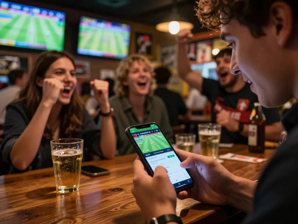 The kèo nhà cái interface displayed on a smartphone, surrounded by an energetic sports betting atmosphere.