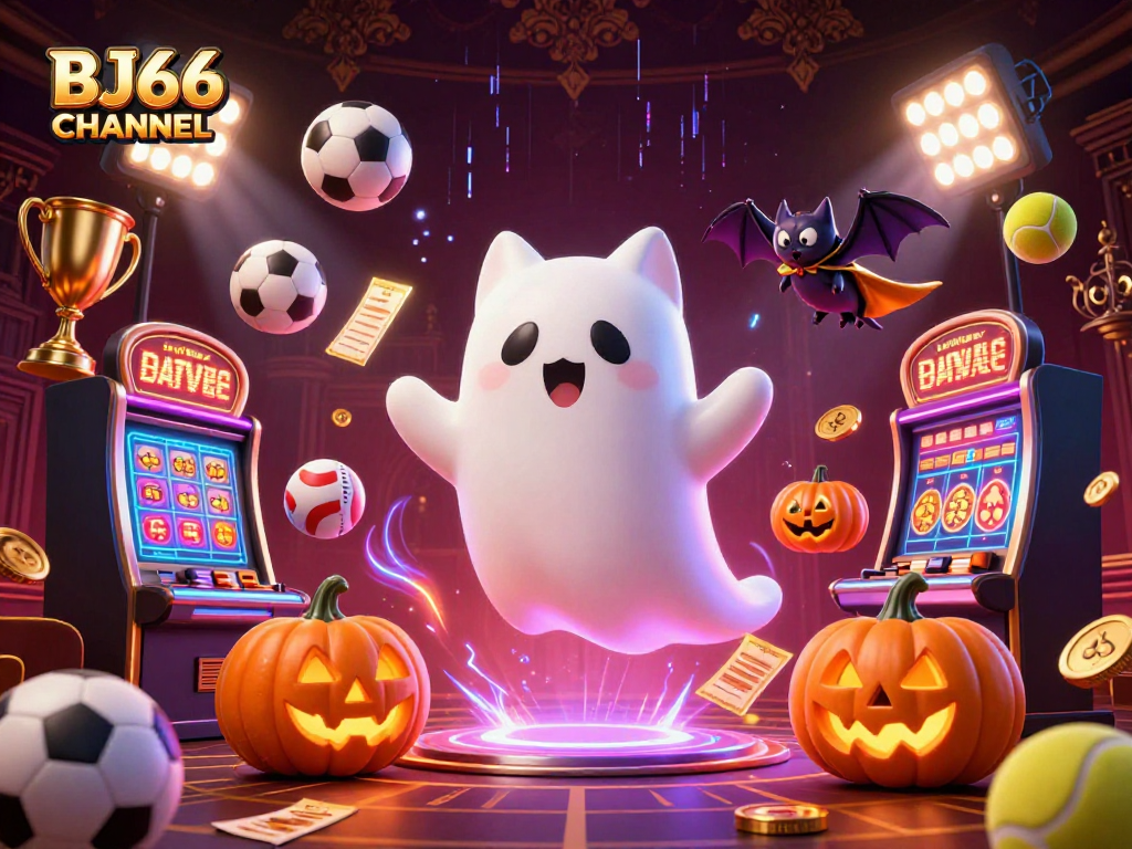 BJ66 CHANNEL showcases exciting live betting experiences with a ghost cat and bat in a thrilling casino.