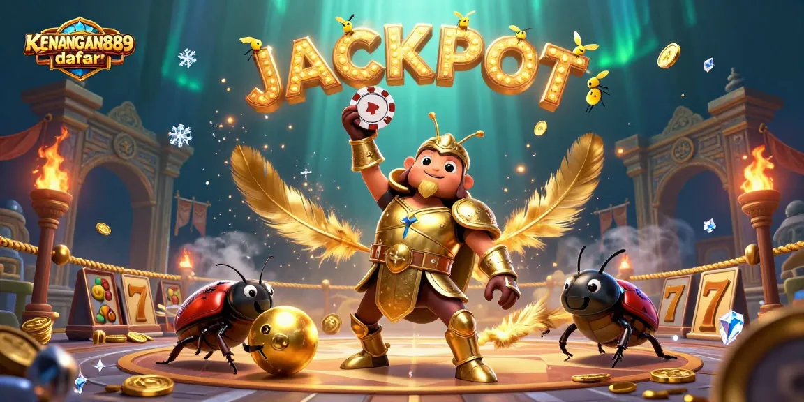 Experience KENANGAN889 daftar with a victorious beetle, showcasing jackpots and vibrant casino elements.