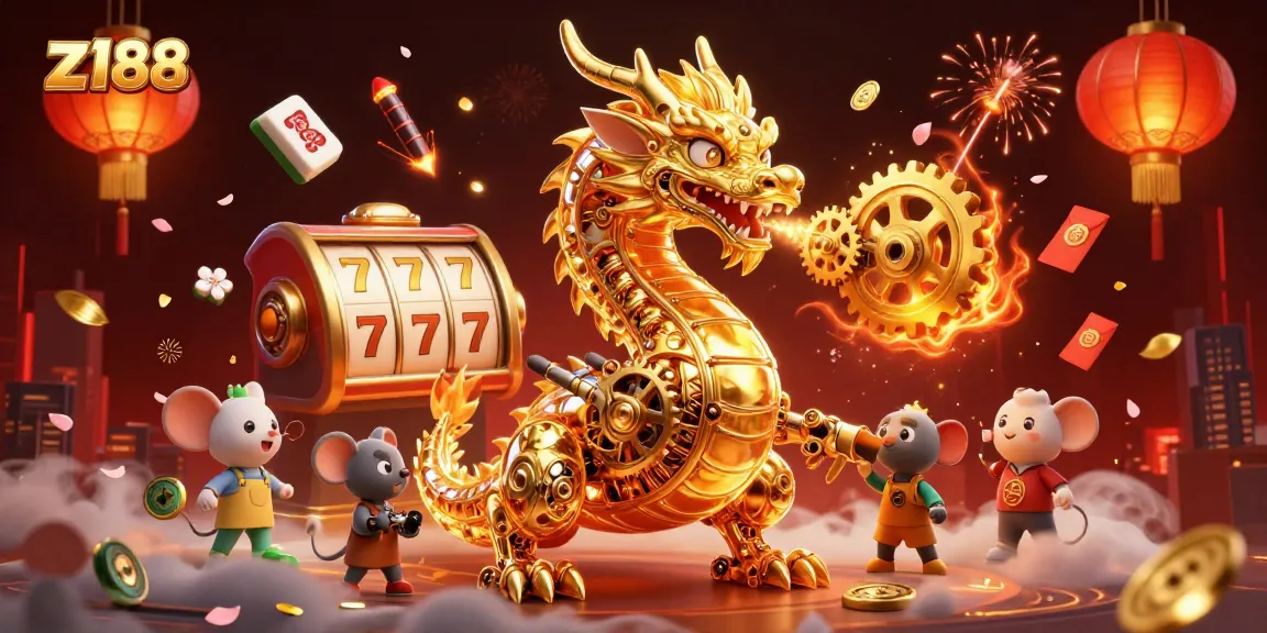 Experience thrilling gameplay at z188 with a golden dragon, slot reels, and captivating casino elements.