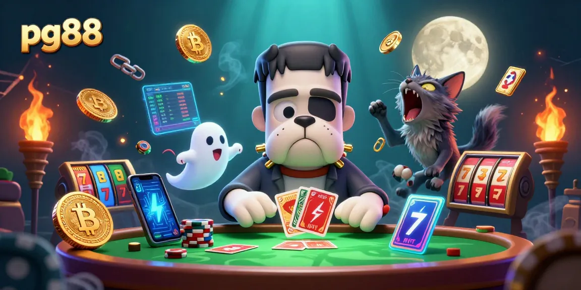 Engage in thrilling action with pg88 as the Frankenstein bulldog monster deals cards amid crypto coins and vibrant colors.
