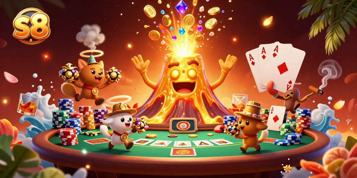 S8 players engaging in thrilling poker with a triumphant volcano erupting coins and treasures.