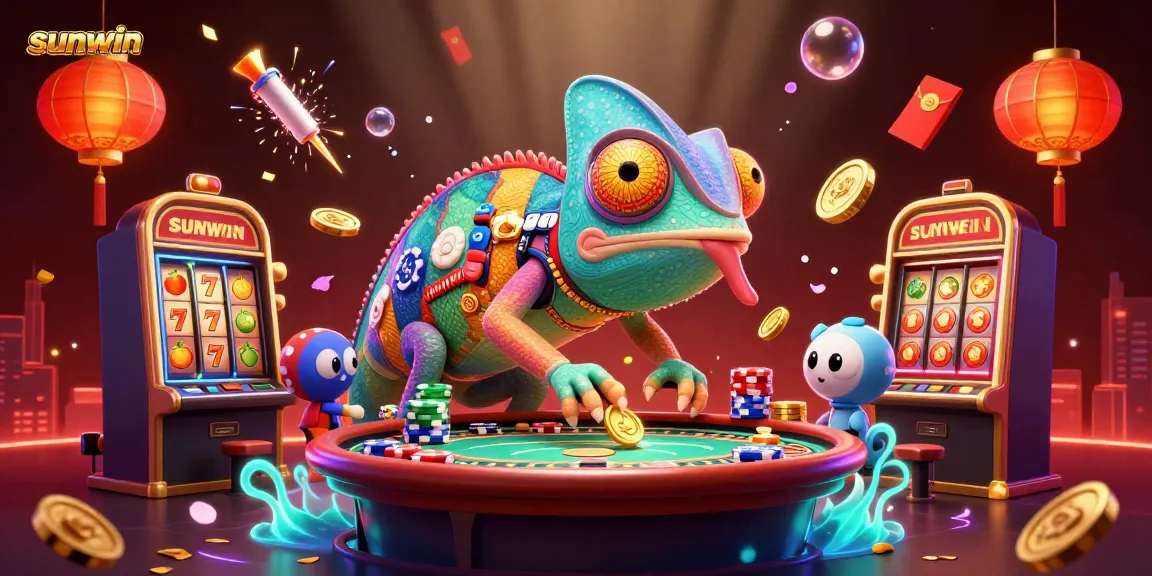 Experience sunwin with vibrant visuals showcasing a chameleon casino owner amid dynamic slot elements.