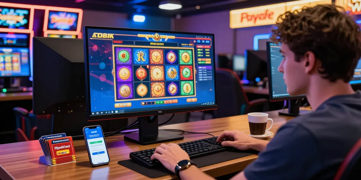 Spieler genießt ein lebendiges Gaming-Erlebnis in einem Paysafe Card Casino mit buntem Spielautomaten-Display und Paysafecard-App.