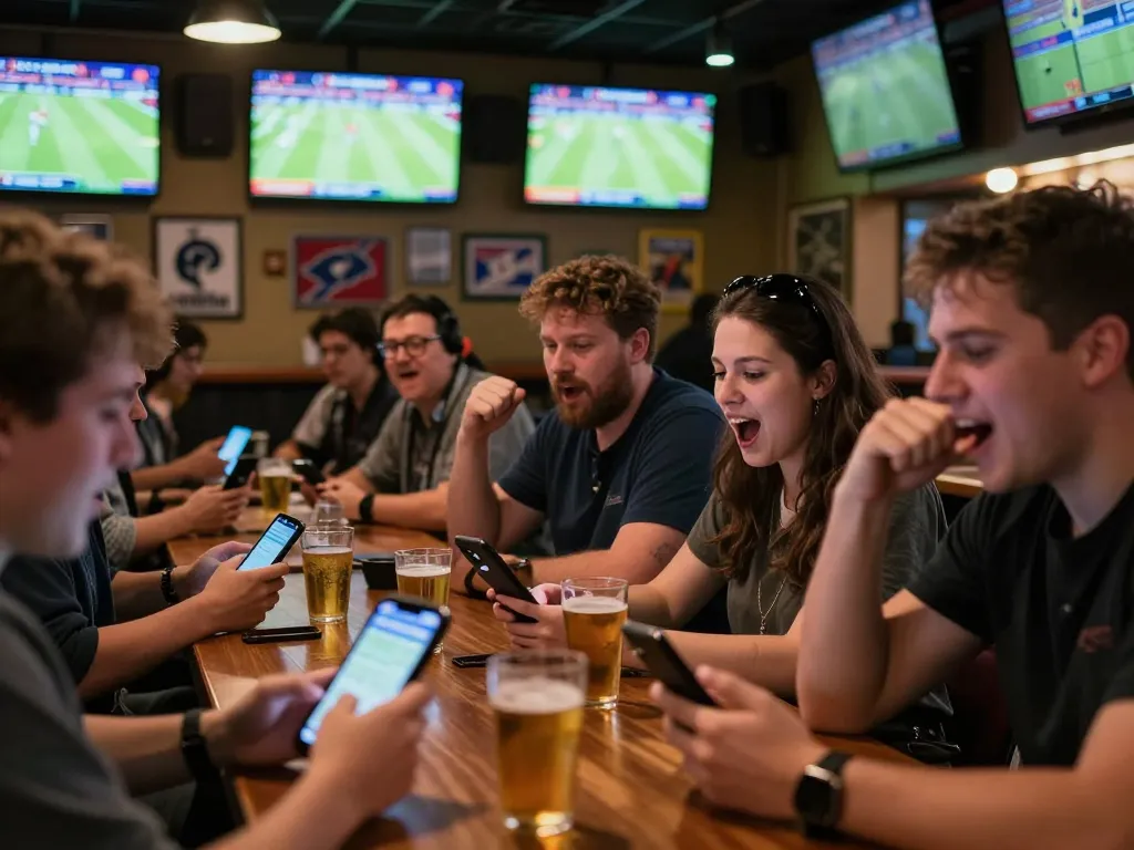 Exciting sports betting scene capturing friends placing bets at a lively bar, showcasing situs slot dynamics.